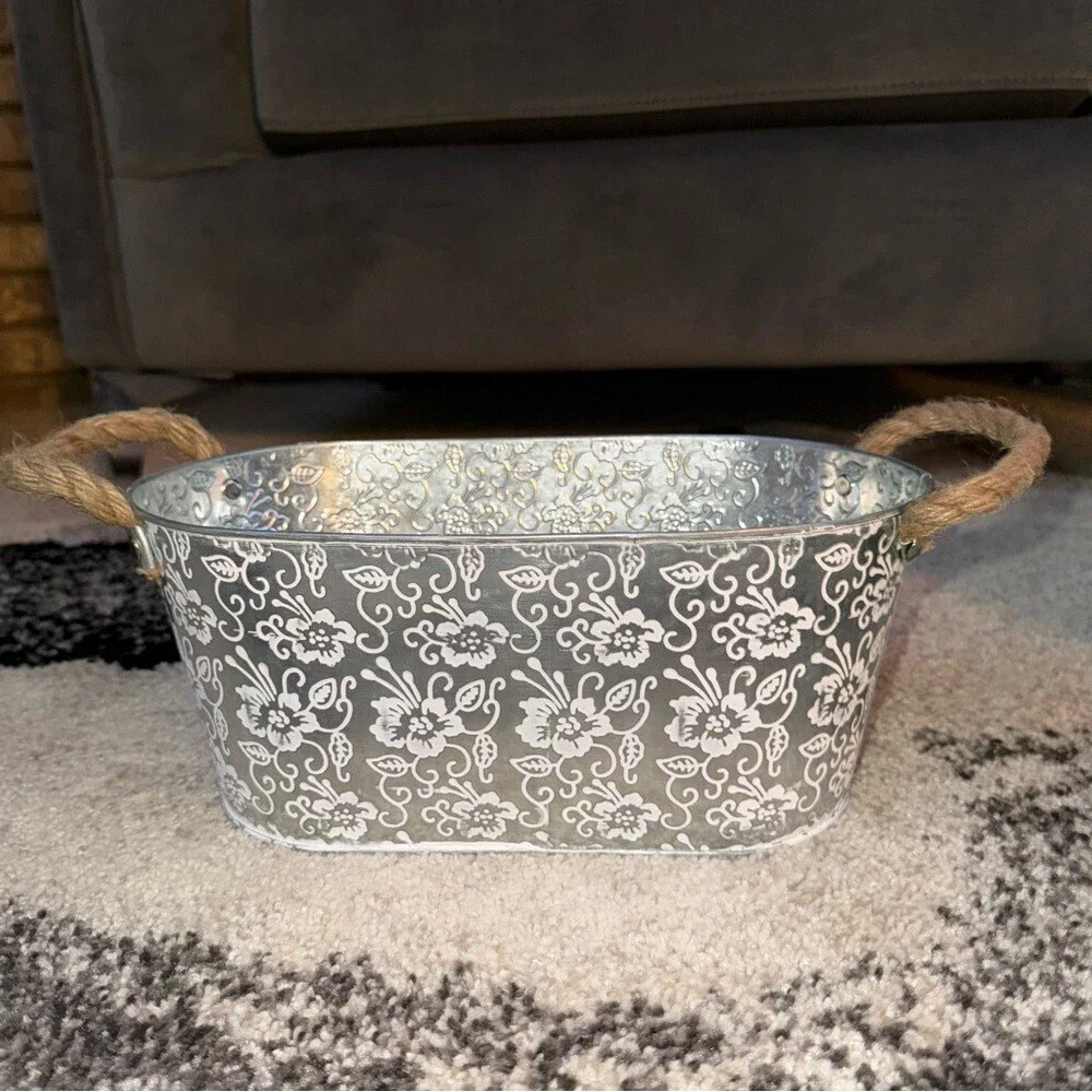 Basket metal flowers white rope handles Decorative Gray Floral Metal Basket